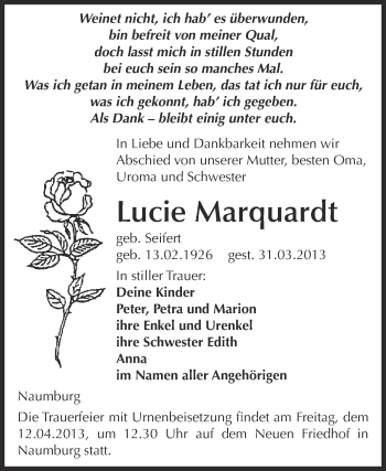 Traueranzeige von Lucie Marquardt von WVG - Wochenspiegel NMB / WSF / ZTZ