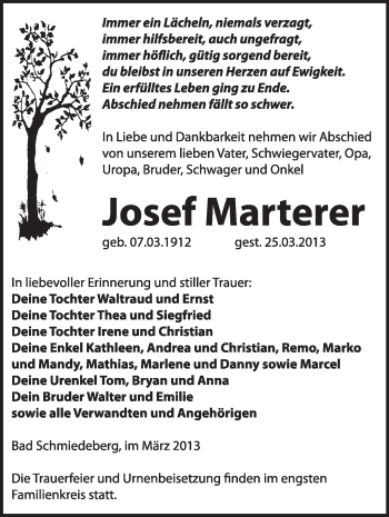 Traueranzeige von Josef Marterer von WVG - Wochenspiegel Wittenberg