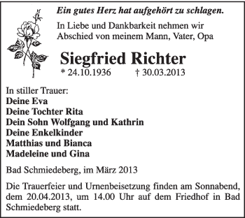 Traueranzeige von Siegfried Richter von WVG - Wochenspiegel Wittenberg