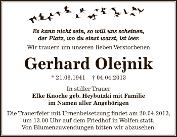 Traueranzeige von Gerhard Olejnik von WVG - Wochenspiegel Bitterfeld