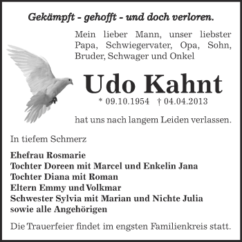 Traueranzeige von Udo Kahnt von WVG - Wochenspiegel Dessau / Köthen