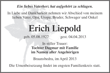 Traueranzeige von Erich Liepold von WVG - Wochenspiegel Merseburg