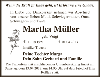 Traueranzeige von Martha Müller von WVG - Wochenspiegel Dessau / Köthen