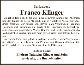 Traueranzeige von Franco Klinger von WVG - Wochenspiegel Dessau / Köthen