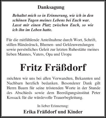 Traueranzeige von Fritz Fräßdorf von WVG - Wochenspiegel Dessau / Köthen