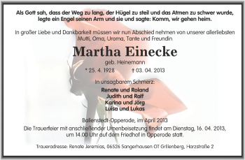 Traueranzeige von Martha Einecke von WVG - Wochenspiegel Quedlinburg