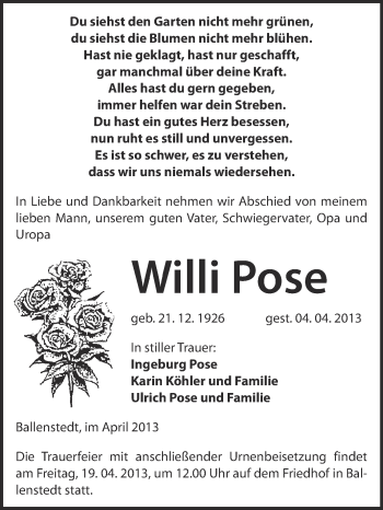 Traueranzeige von Willi Pose von WVG - Wochenspiegel Quedlinburg