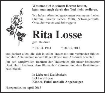Traueranzeige von Rita Losse von WVG - Wochenspiegel Quedlinburg