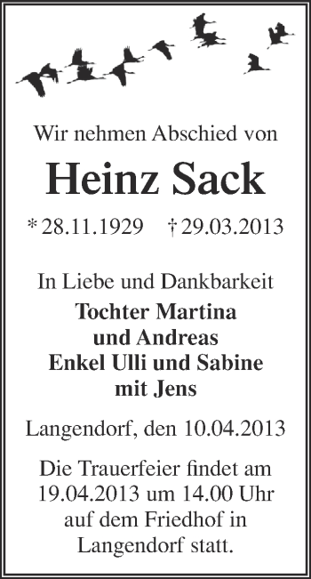 Traueranzeige von Heinz Sack von WVG - Wochenspiegel NMB / WSF / ZTZ