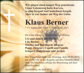 Traueranzeige von Klaus Berner von WVG - Wochenspiegel Quedlinburg