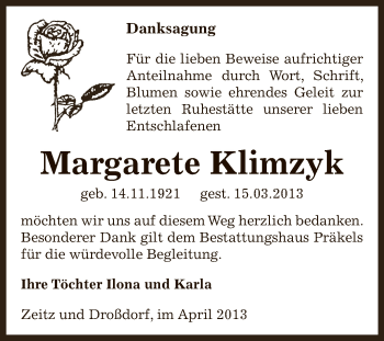 Traueranzeige von Margarete Klimzyk von Super Sonntag Zeitz