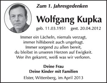 Traueranzeige von Wolfgang Kupka von WVG - Wochenspiegel Wittenberg