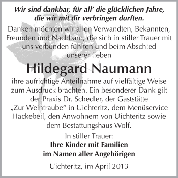 Traueranzeige von Hildegard Naumann von WVG - Wochenspiegel NMB / WSF / ZTZ