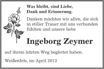 Traueranzeige von Ingeborg Zeymer von WVG - Wochenspiegel NMB / WSF / ZTZ