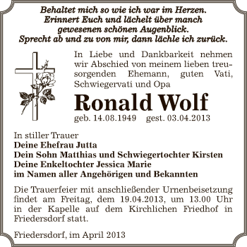 Traueranzeige von Ronald Wolf von WVG - Wochenspiegel Bitterfeld