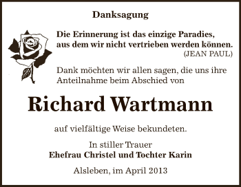 Traueranzeige von Richard Wartmann von Super Sonntag Bernburg