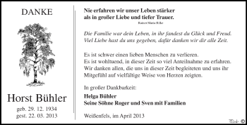 Traueranzeige von Horst Bühler von WVG - Wochenspiegel NMB / WSF / ZTZ