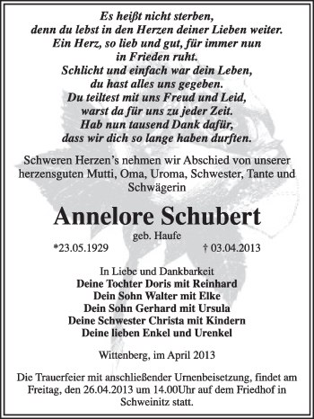 Traueranzeige von Annelore Schubert von WVG - Wochenspiegel Wittenberg
