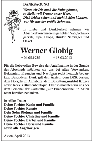 Traueranzeige von Werner Globig von Super Sonntag Wittenberg