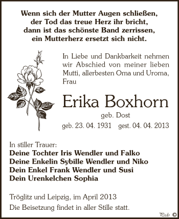 Traueranzeige von Erika Boxhorn von Super Sonntag Zeitz