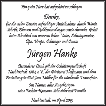 Traueranzeige von Jürgen Hanke von WVG - Wochenspiegel Aschersleben