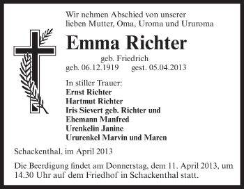 Traueranzeige von Emma Richter von WVG - Wochenspiegel Aschersleben