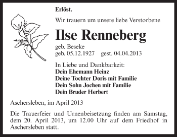 Traueranzeige von Ilse Renneberg von WVG - Wochenspiegel Aschersleben