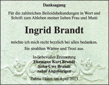Traueranzeige von Ingrid Brandt von Super Sonntag Wittenberg