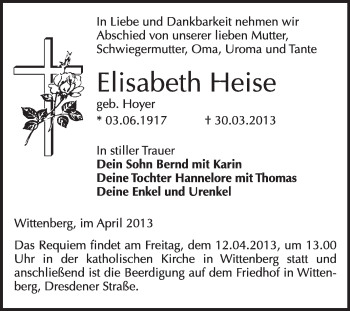Traueranzeige von Elisabeth Heise von WVG - Wochenspiegel Wittenberg