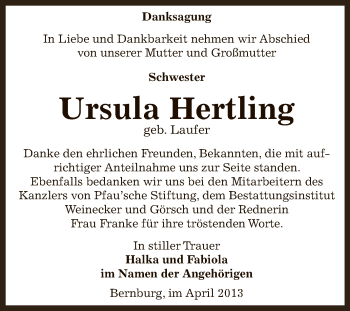 Traueranzeige von Ursula Hertling von Super Sonntag Bernburg