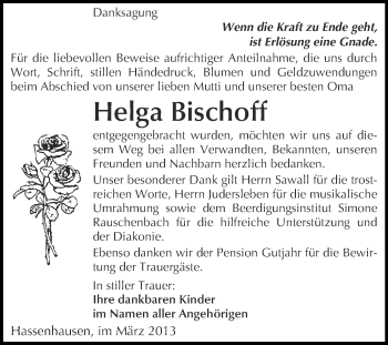 Traueranzeige von Helga Bischoff von WVG - Wochenspiegel NMB / WSF / ZTZ