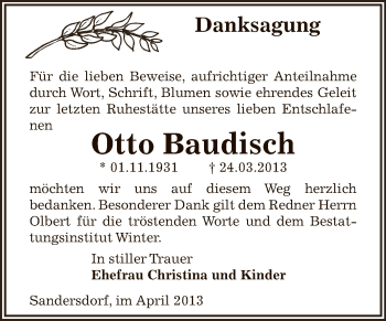 Traueranzeige von Otto Baudisch von WVG - Wochenspiegel Bitterfeld