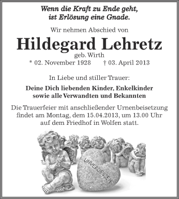 Traueranzeige von Hildegard Lehretz von WVG - Wochenspiegel Bitterfeld