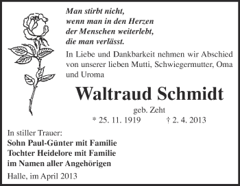 Traueranzeige von Waltraud Schmidt von Super Sonntag Halle