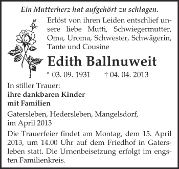 Traueranzeige von Edith Ballnuweit von WVG - Wochenspiegel Quedlinburg