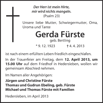 Traueranzeige von Gerda Fürste von WVG - Wochenspiegel Quedlinburg