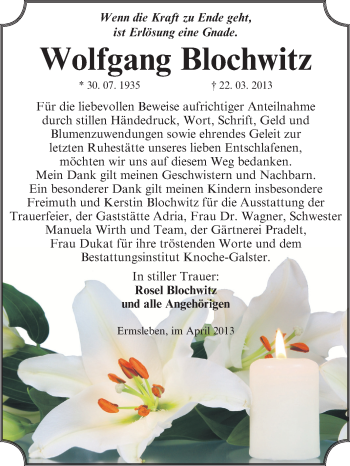 Traueranzeige von Wolfgang Blochwitz von WVG - Wochenspiegel Aschersleben