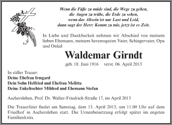 Traueranzeige von Waldemar Girndt von WVG - Wochenspiegel Aschersleben