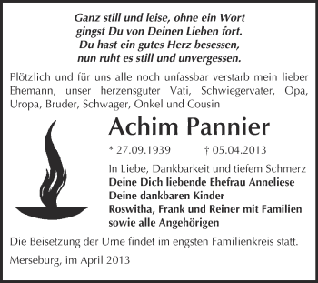 Traueranzeige von Achim Pannier von Super Sonntag Merseburg