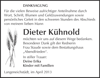 Traueranzeige von Dieter Kühnold von WVG - Wochenspiegel Merseburg