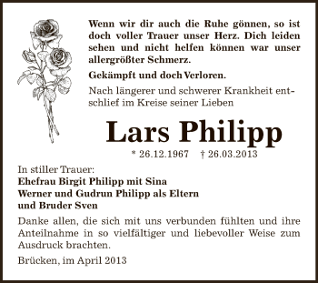 Traueranzeige von Lars Philipp von Super Sonntag SGH Mansf. Land