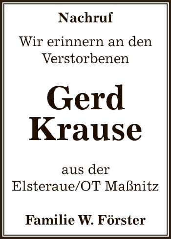 Traueranzeige von Gerd Krause von Super Sonntag Zeitz