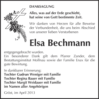 Traueranzeige von Elsa Bechmann von WVG - Wochenspiegel Merseburg