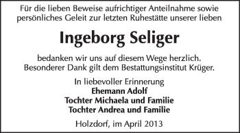 Traueranzeige von Ingeborg Seliger von WVG - Wochenspiegel Wittenberg