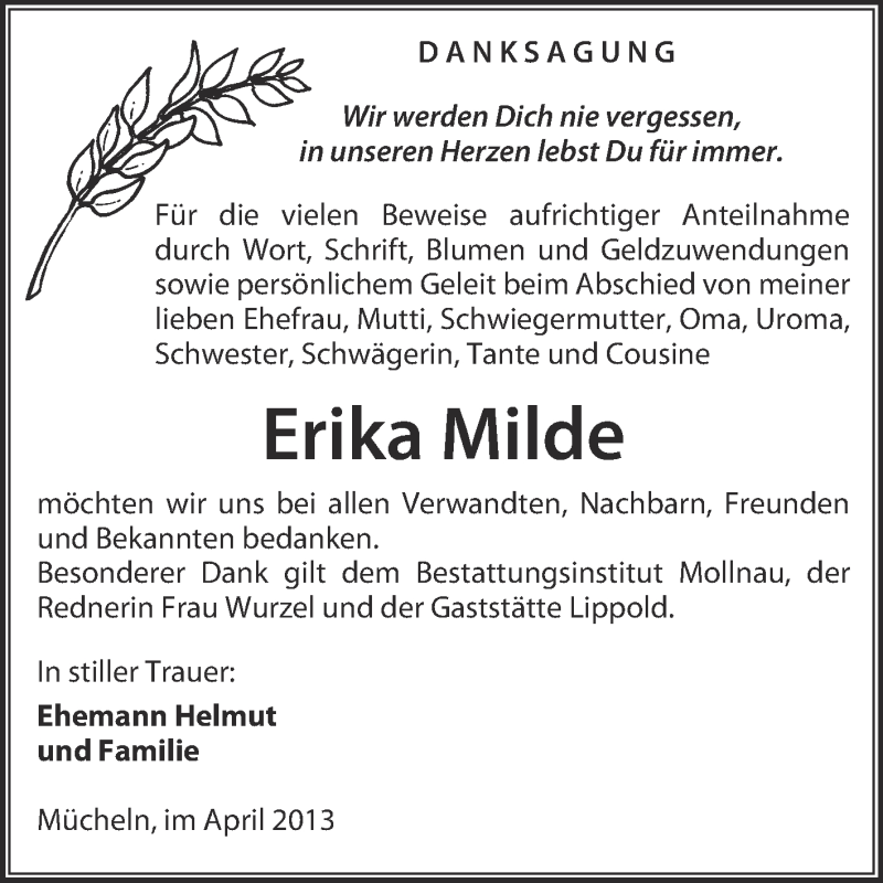  Traueranzeige für Erika Milde vom 10.04.2013 aus WVG - Wochenspiegel Merseburg