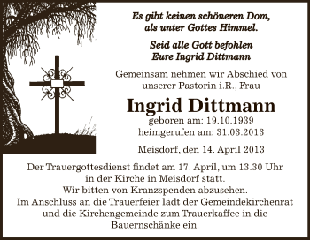 Traueranzeige von Ingrid Dittmann von Super Sonntag SGH Mansf. Land