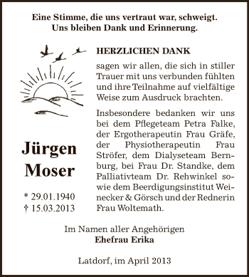 Traueranzeige von Jürgen Moser von Super Sonntag Bernburg