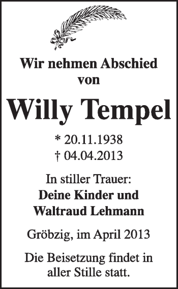 Traueranzeige von Willy Tempel von Super Sonntag Dessau / Köthen