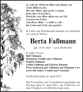 Traueranzeige von Berta Faßmann von Super Sonntag Aschersleben