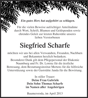 Traueranzeige von Siegfried Scharfe von WVG - Wochenspiegel NMB / WSF / ZTZ